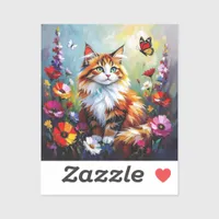 Cute Whimsical  Cat, Flowers and Butterflies Sticker