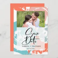 Turquoise Coral Brush Strokes Save the Date3 Invitation