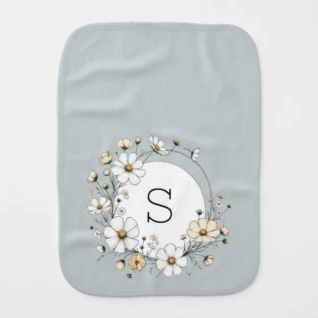 Custom Floral Monogram Baby Girl Boho Sage Green Baby Burp Cloth