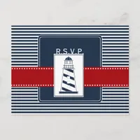 navy stripes,lighthouse, nautical wedding rsvp invitation postcard