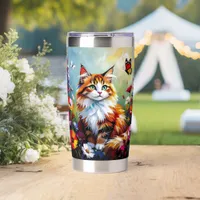 Cute Whimsical  Cat, Flowers and Butterflies Insulated Tumbler