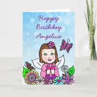 Whimsical Folk Art Fairy Girl Happy Birthday Card