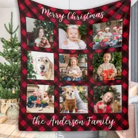 Christmas Plaid Family Personalized Photo Collage Fleece Blanket