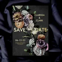 Dark Moody Floral Black & Purple Save The Date Foil Invitation