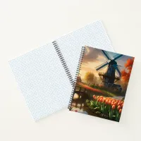 Windmill in Dutch Countryside by River with Tulips Notebook