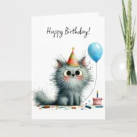 Whimsical Gray Cat Party Hat Balloon Birthday Card