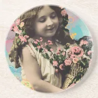 Vintage Little Girl and Flowers Drink Coaster
