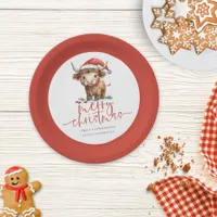 Highland Cow Santa Hat Name Merry Christmas Paper Plates