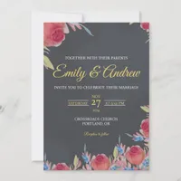 Charcoal Rose Modern Floral Watercolor Wedding Invitation