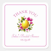 Custom Bridal Shower Lemon Pink Floral Thank You Square Sticker