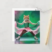 Cute Ice Skating Cat in Pink and Green Postcard