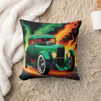 Green hotrod racing through fiery streets at night throw pillow