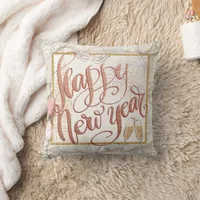 Glitzy Happy New Year Script Rose Gold Ivory Throw Pillow