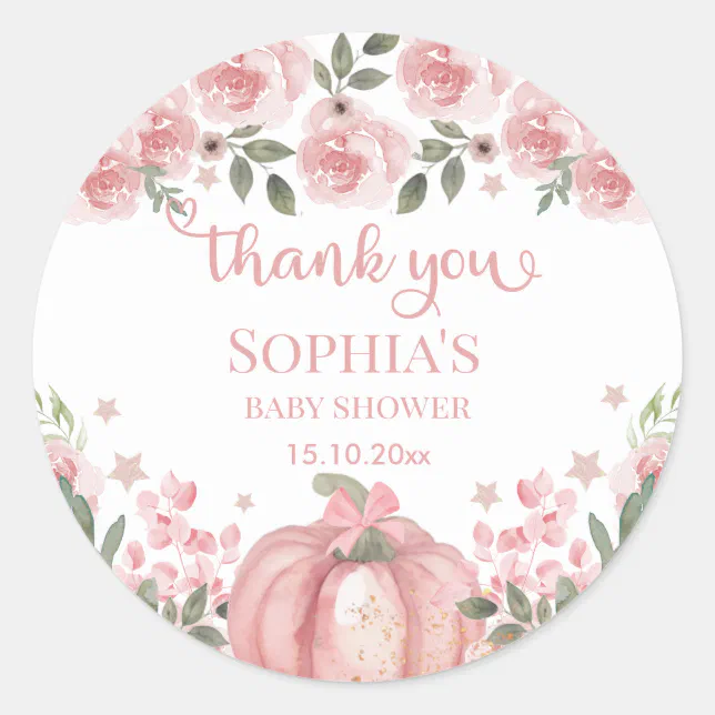 pink Pumpkin Floral Girl Baby Shower Thank You Classic Round Sticker