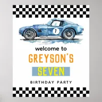 Boys Cool Blue Racing Car Kids Birthday  Poster