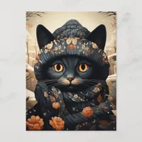 Adorable Black Cat in a Scarf and Hat Postcard