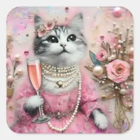 Adorable Cat in a Pink Dress With Pearls  Square Sticker