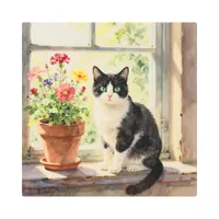Watercolor Cat and Flowers on Window Sill   Metal Print