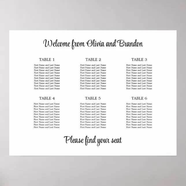 Stylish 6 Table Wedding Seating Chart Poster