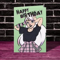 Cute Teen Punk Girl Green Cartoon Birthday Card