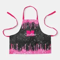 Hot Pink Glitter Drip on Black Sparkle Kids Name Apron