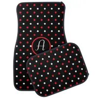 Black Red and White Polka Dots Monogrammed Car Floor Mat