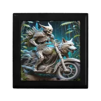 skeleton on a chopper mounted with a wolf head gift box