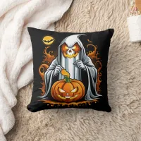 Ghost preps pumpkins for Halloween! Throw Pillow