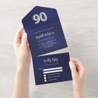 90th Birthday navy blue silver rsvp All In One Invitation