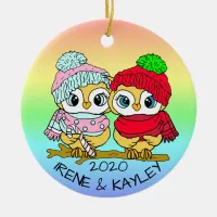 Personalized LGBT Love Birds Owls Christmas Ceramic Ornament