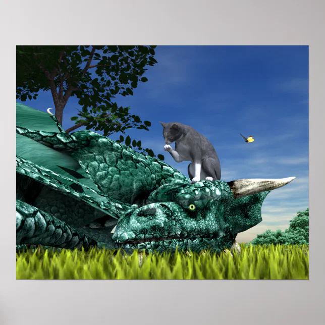 Surprise Visitor - Cute Cat on Dragon’s Head Poster