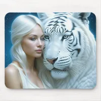 Mystical White Tiger and Woman Magical  Mouse Pad