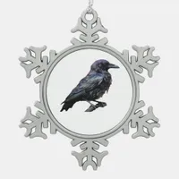 Whimsigoth Moody Floral Grungy Corvus, Raven, Crow Snowflake Pewter Christmas Ornament