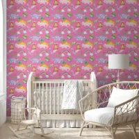 Cute Boho Colorful Dinosaurs Rainbows Pink Nursery Wallpaper