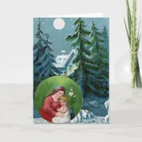 Vintage Christmas Blue Winter Scene Mother & Child Holiday Card