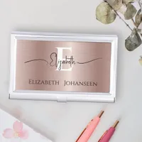 Elegant Rose Gold Brushed Metal Script Monogrammed Business Card Case