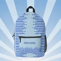 Modern stripe pattern on pale blue, personalizable printed backpack