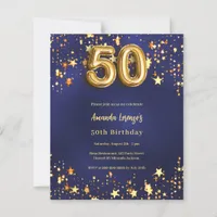 50th birthday navy blue gold stars invitation