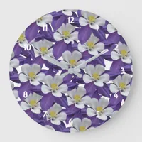 Floral Purple White Columbine Flower Pattern Large Clock
