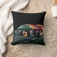 Classic hot rods racing down a night street throw pillow