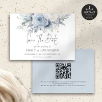 Modern Dusty Blue Florals QR Code Wedding Save The Date