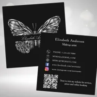 Butterfly black silver QR code elegant script Square Business Card