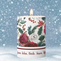 Burgundy Roses, Pine, Holly Christmas Floral Pillar Candle