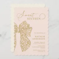 Blush Pink & Gold Floral Lace Bow Sweet Sixteen Invitation