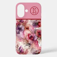 Pink and Purple Flowers Alcohol Ink Monogrammed iPhone 16 Case