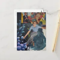 Vintage Bowling Man Mixed Media Collage Postcard