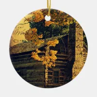 Log Cabin in Autumn Ceramic Ornament