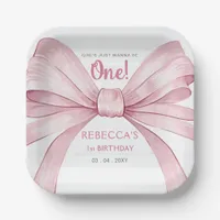 Pink Bow Coquette First Birthday Paper Plates