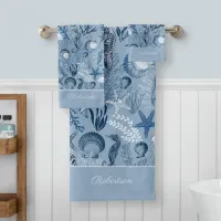 Blue Ocean Sea Life Custom Name Bath Towel Set