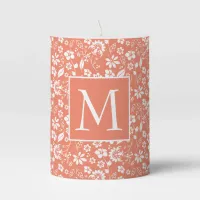 Modern Coral Peach Spring Flower Pattern Monogram Pillar Candle